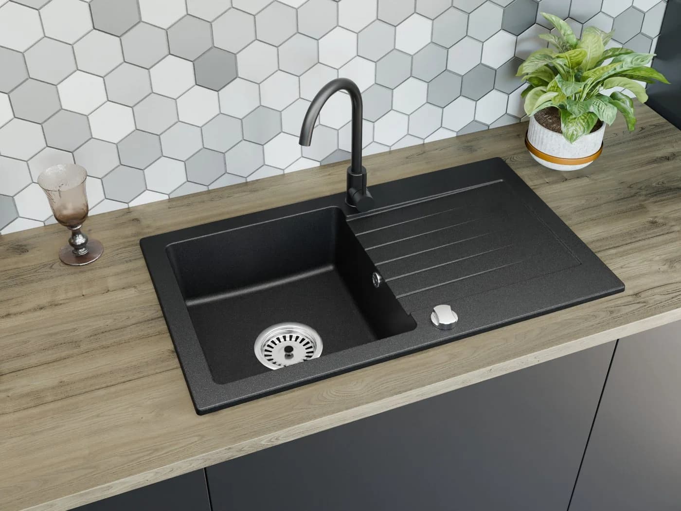 Faizee Möbel Granitspüle 2-Becken mit Armatur Schwarz - Bild 2