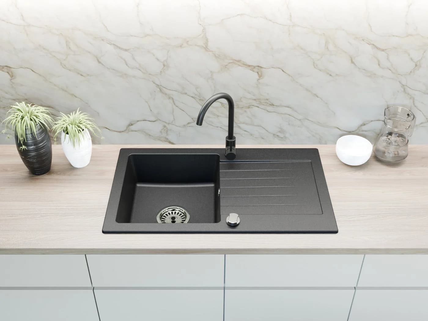 Faizee Möbel Granitspüle 2-Becken mit Armatur Schwarz - Bild 4