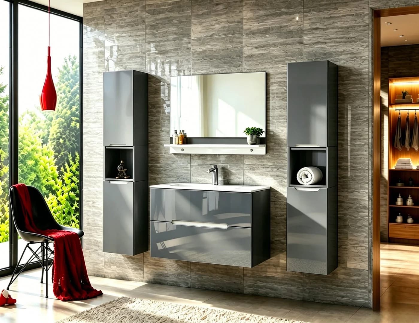 Faizee Möbel Badmöbel-Set Aliyah 90cm Hochglanz Weiß mit LED - Bild 2