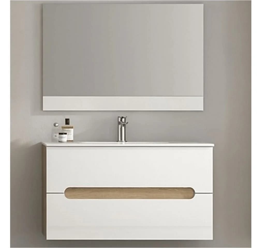 Faizee Möbel Badmöbel-Set 90cm Hochglanz Weiß mit LED & Waschbecken