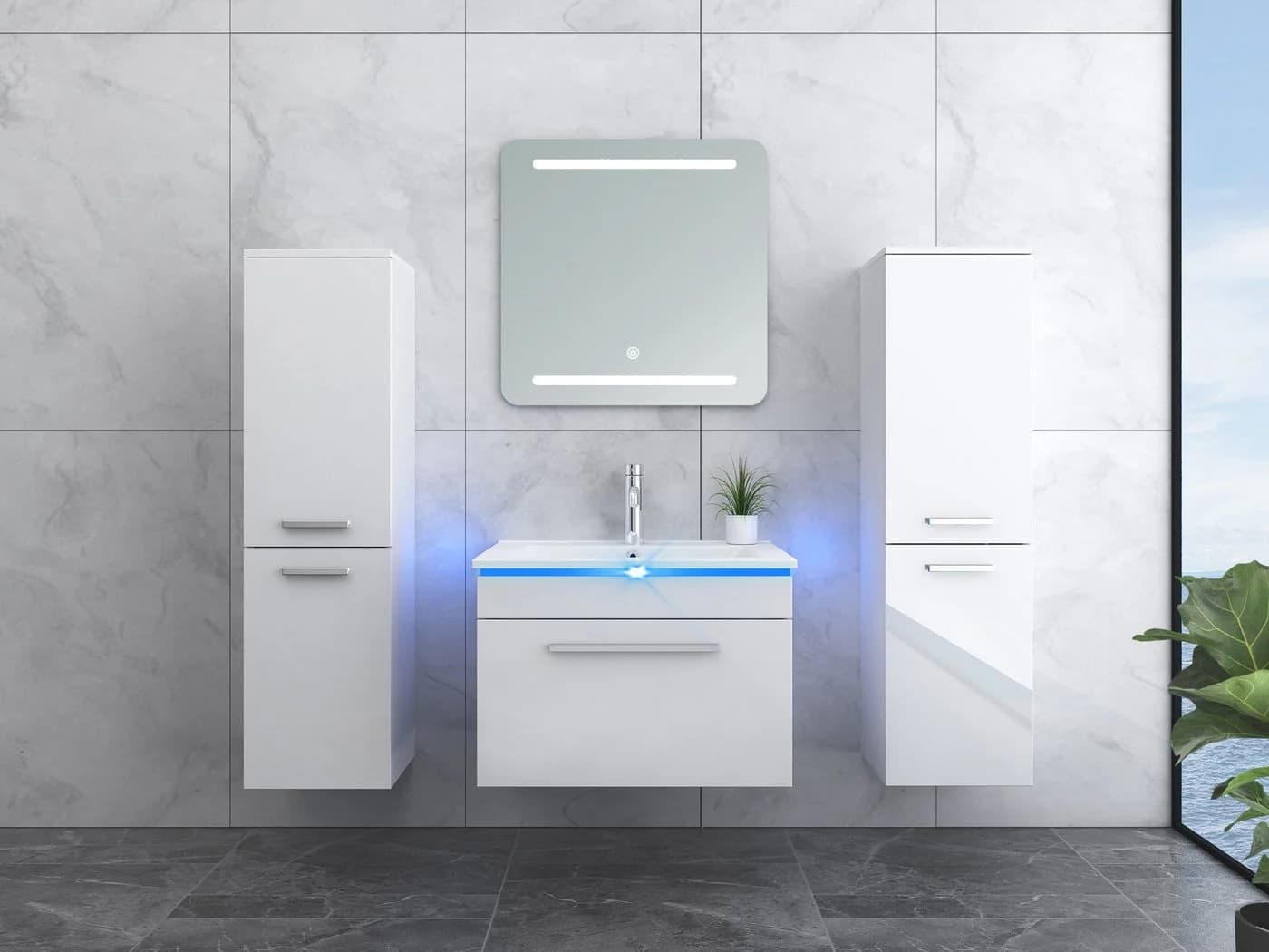 Faizee Möbel Badmöbel-Set Weiß Komplett mit LED-Spiegel und Touch