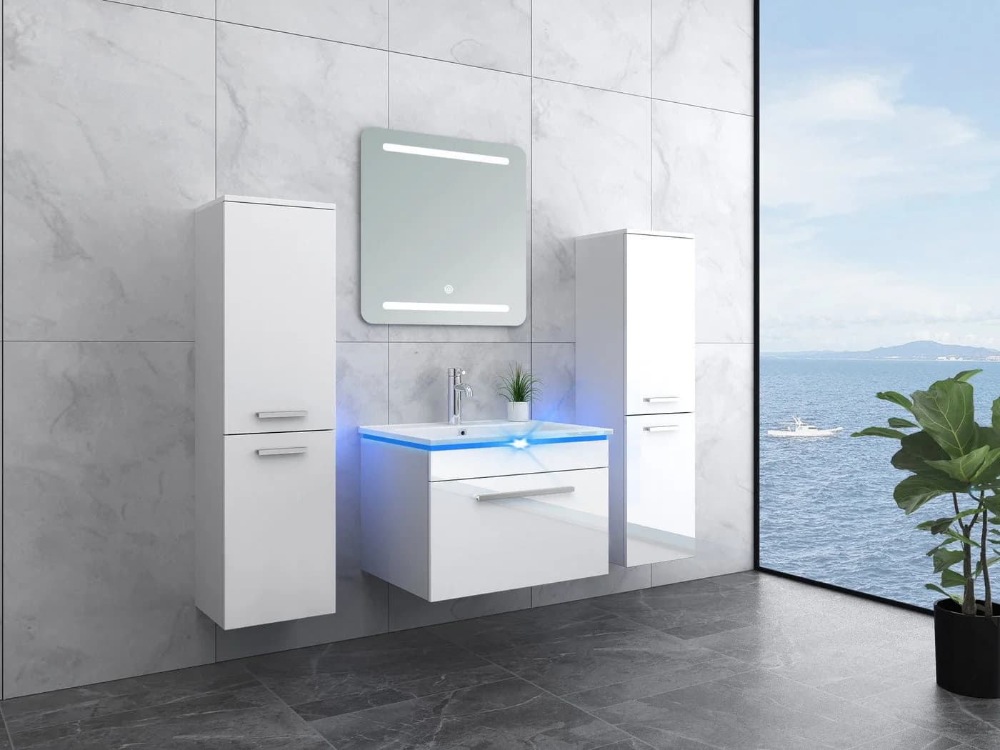 Faizee Möbel Badmöbel-Set Weiß Komplett mit LED-Spiegel und Touch - Bild 2