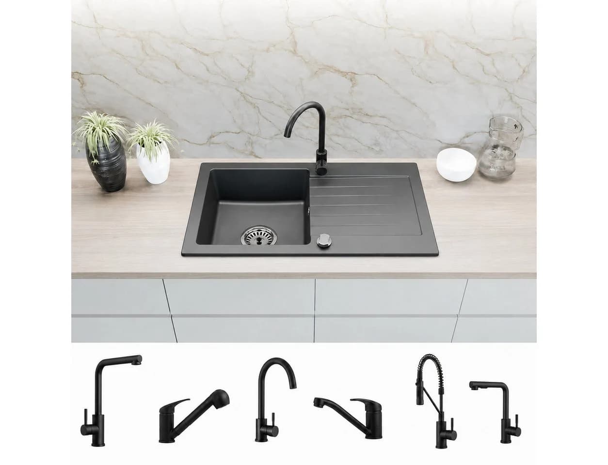 Faizee Home Granitspüle Mattschwarz Reversibel Einbauspüle - Bild 2