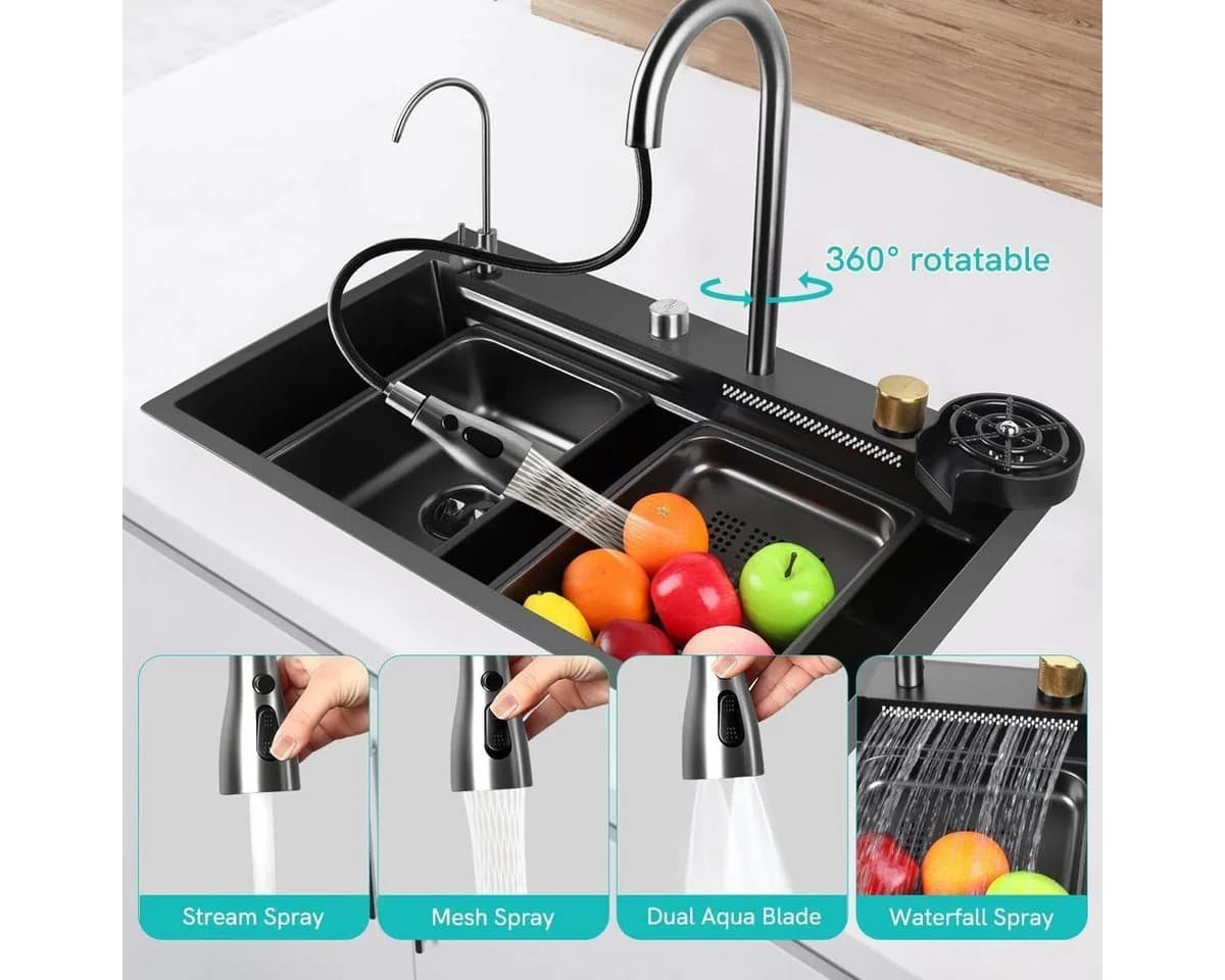 Faizee Home Einbauspüle Edelstahl mit Wasserfall Armatur und Schalldämmung
