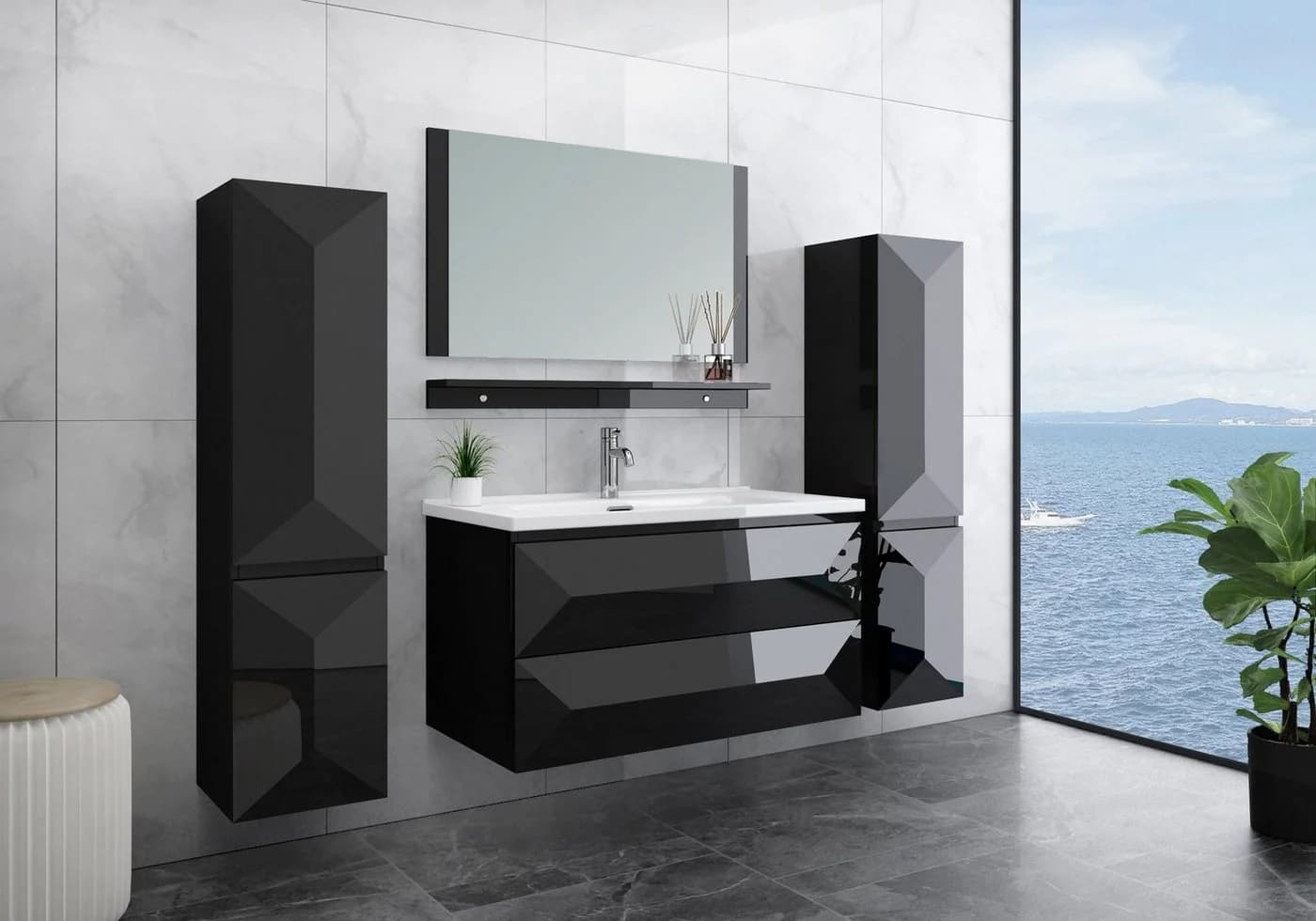 Faizee Möbel Badmöbelset Miran 90 cm Schwarz Hochglanz - Bild 2