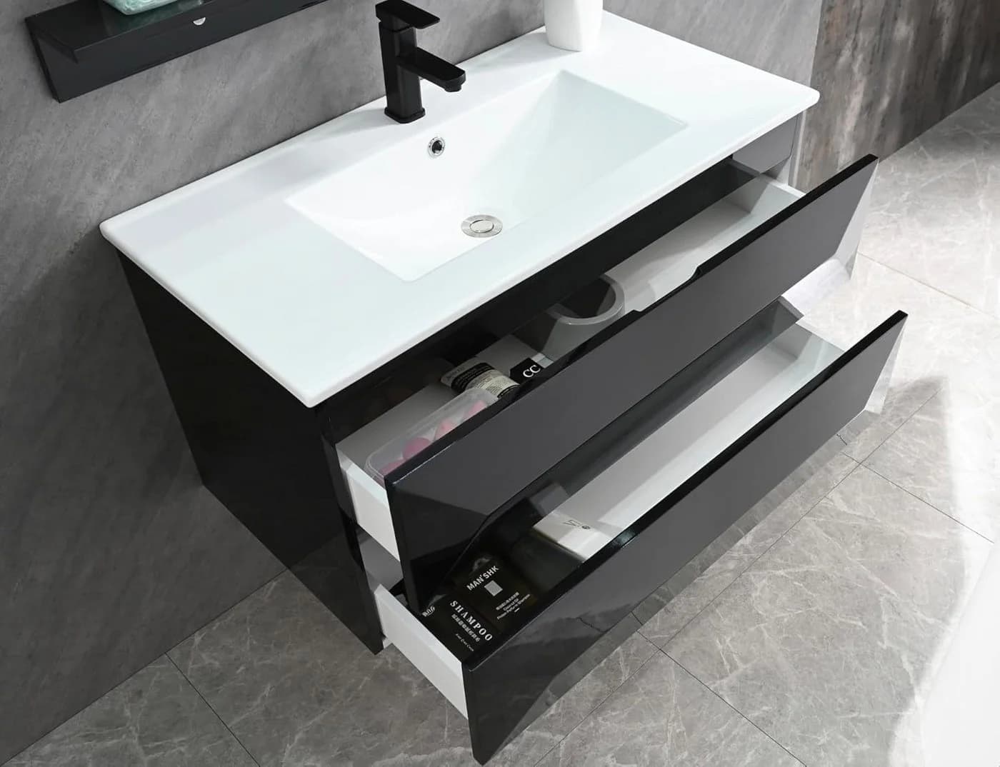 Faizee Möbel Badmöbelset Miran 90 cm Schwarz Hochglanz - Bild 5