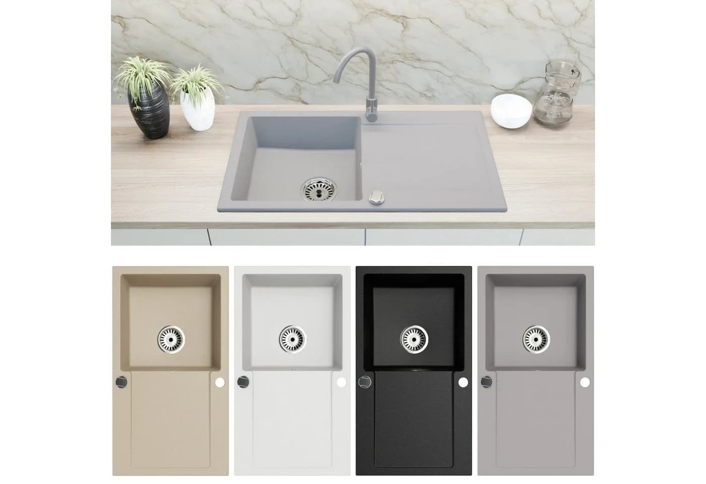 Faizee Home Granitspüle Element Grau mit Abtropffläche & Siphon - Bild 2