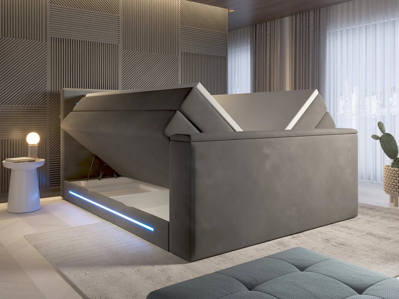 wonello Boxspringbett Monaco Samt mit TV-Lift & LED