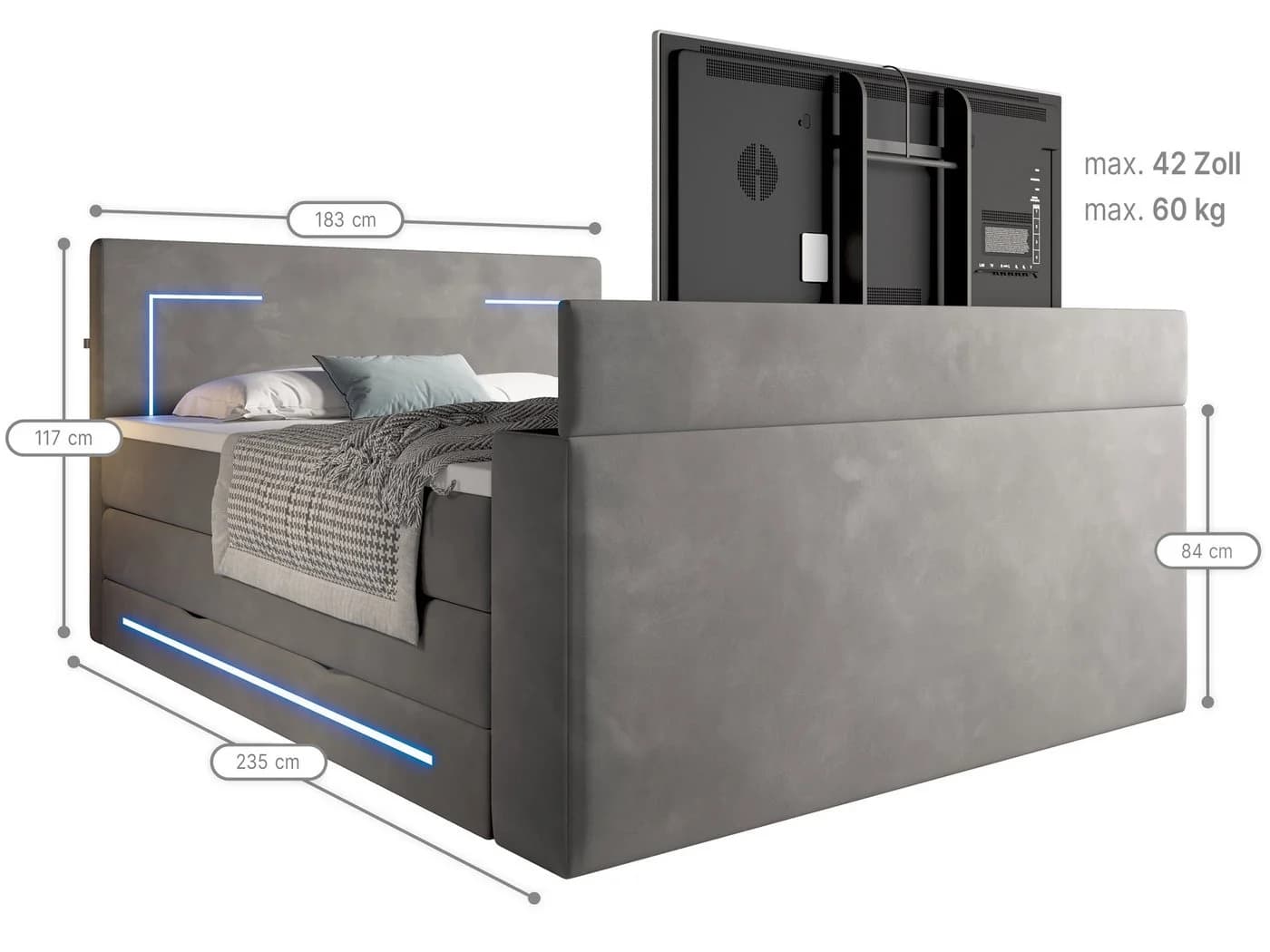 wonello Boxspringbett Monaco Samt mit TV-Lift & LED - Bild 5