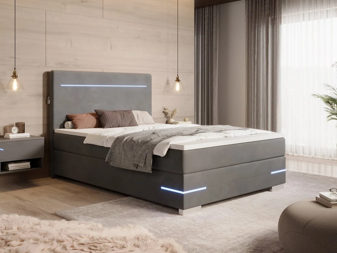 wonello Boxspringbett Portland Samt grau mit LED-Beleuchtung und Topper