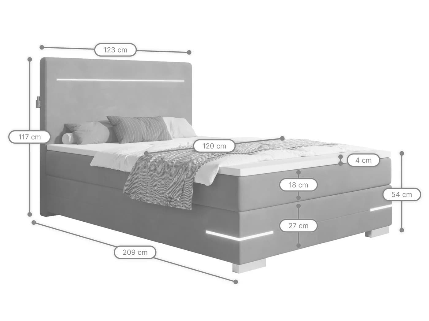 wonello Boxspringbett Portland Samt grau mit LED-Beleuchtung und Topper - Bild 4