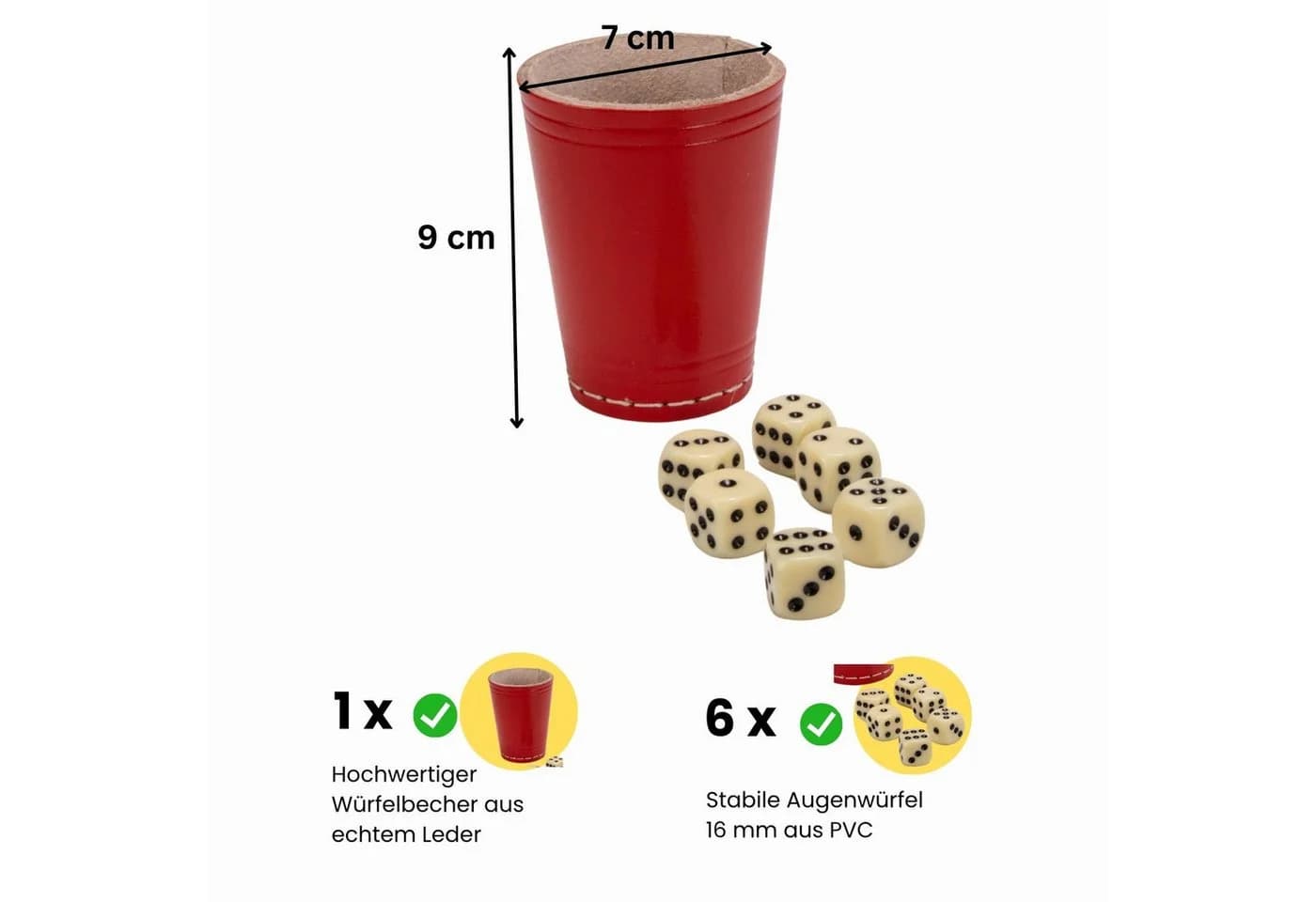 GICO Würfelbecher Rot Echt Leder Standard 9 cm mit 6 Würfeln