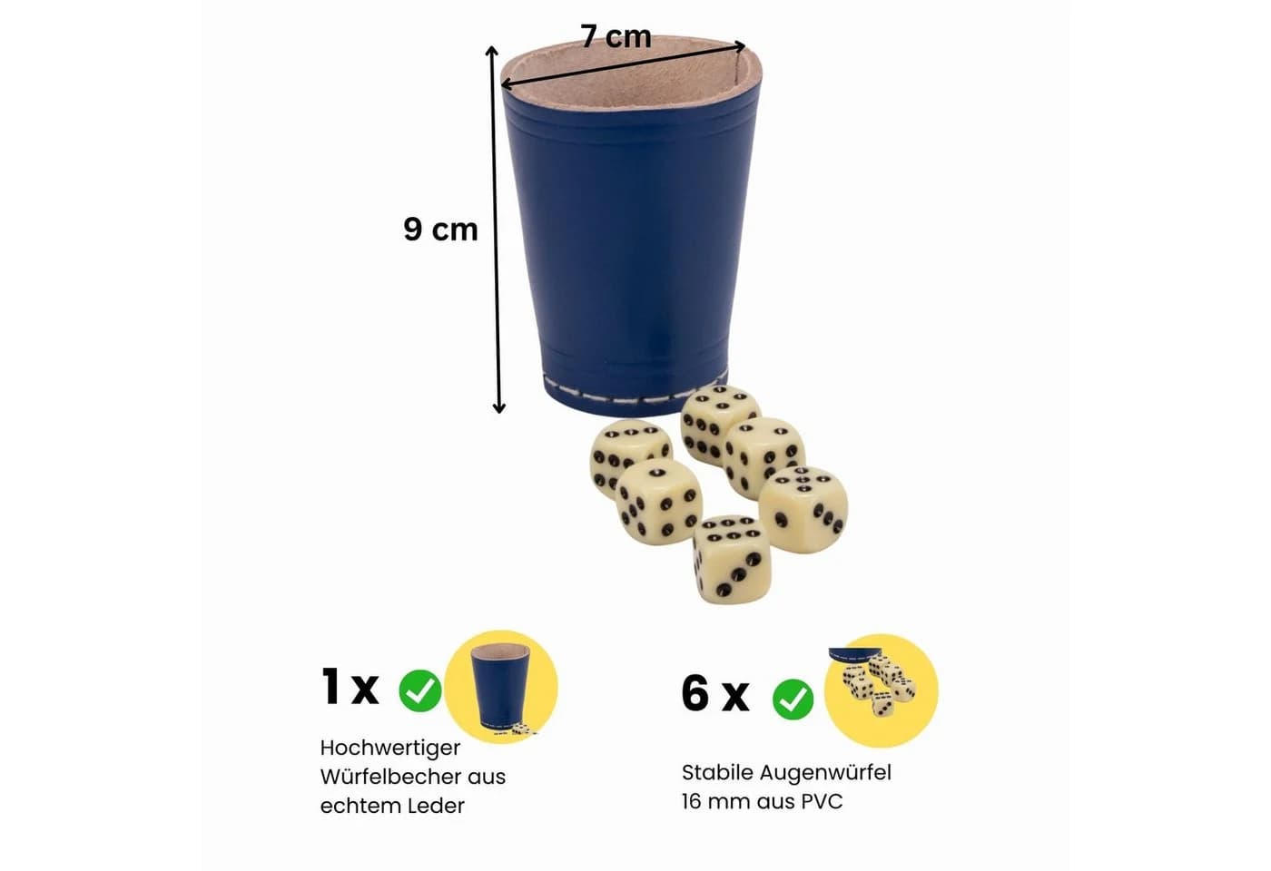 GICO Würfelbecher Blau Leder Standard 9 cm mit 6 Würfeln 5904