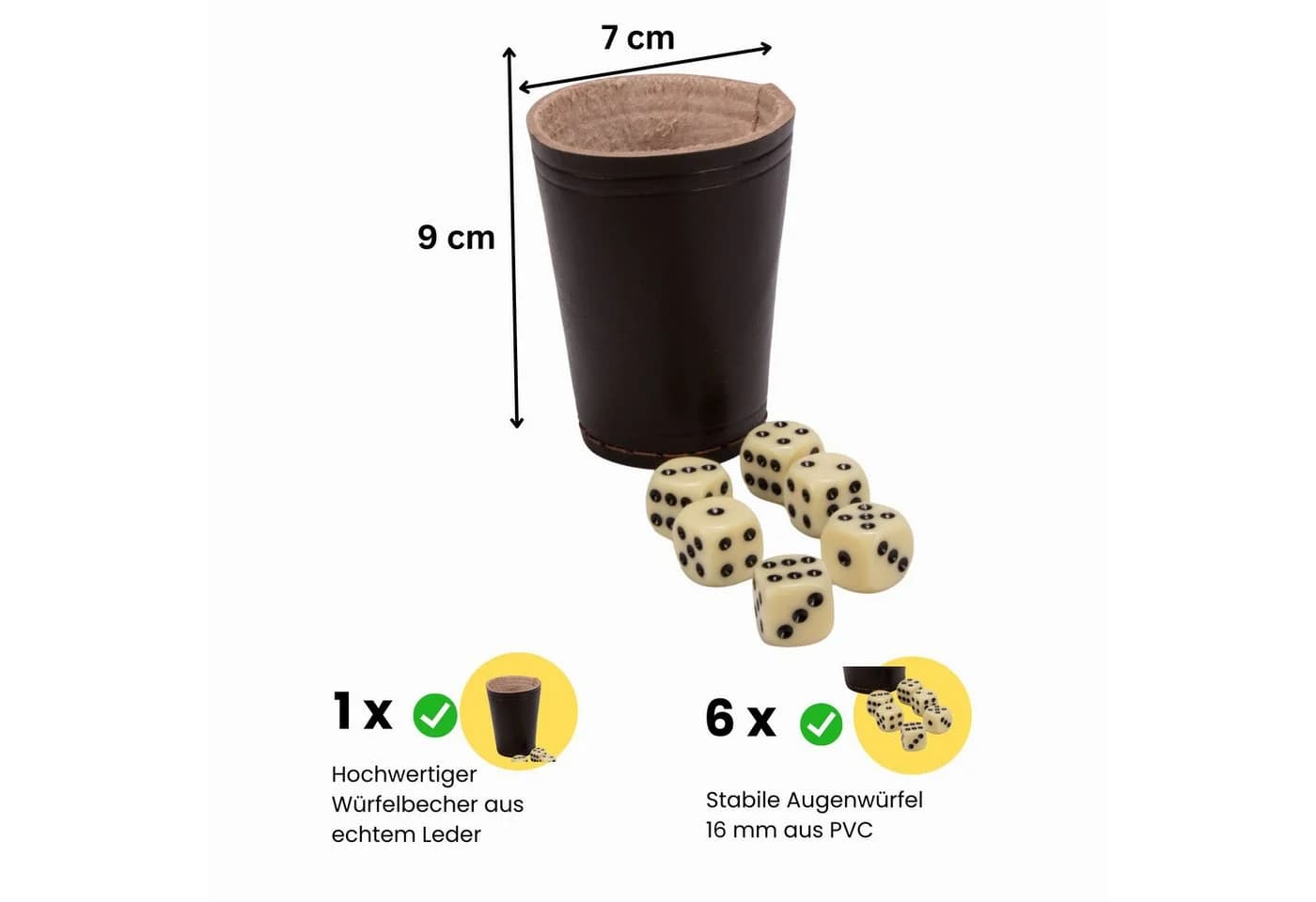 GICO Würfelbecher braun Leder mit 6 Würfeln