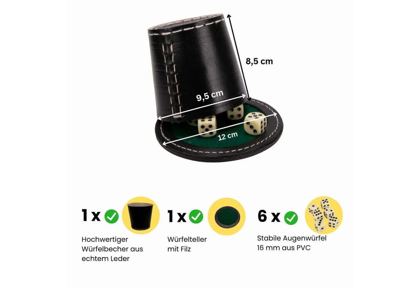 GICO Würfelbecher XL Set Leder Schwarz mit Würfelteller und 6 Würfeln
