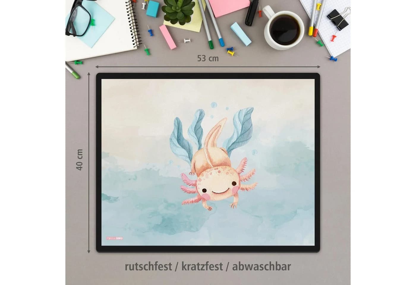itenga Papierkorb mit Schreibtischunterlage Axolotl Motiv Set