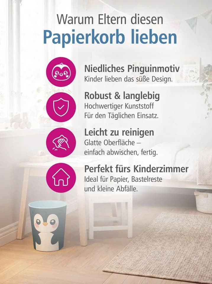 itenga Papierkorb Pinguin Tiermotiv Kunststoff ca. 11 Liter - Bild 3
