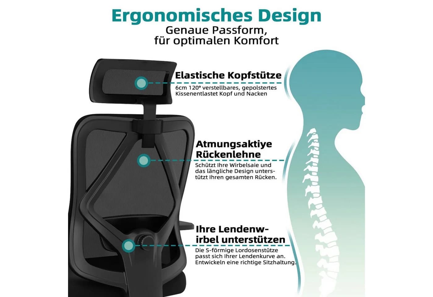 Lexzurn Ergonomischer Bürostuhl Schwarz mit Lendenstütze und Wippfunktion - Bild 3