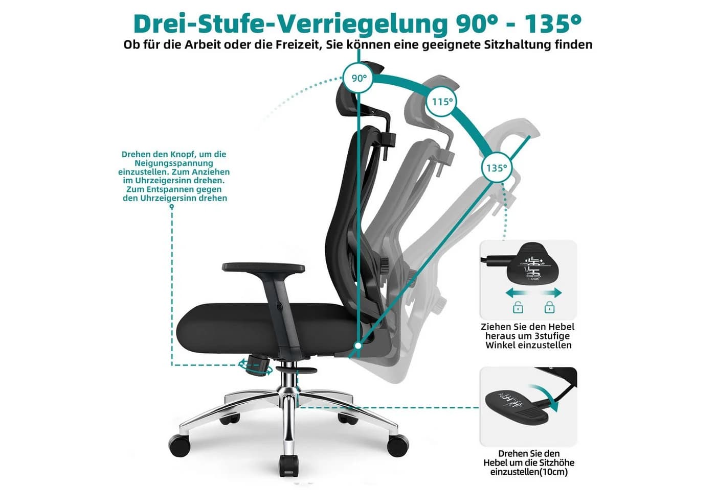 Lexzurn Ergonomischer Bürostuhl Schwarz mit Lendenstütze und Wippfunktion - Bild 4