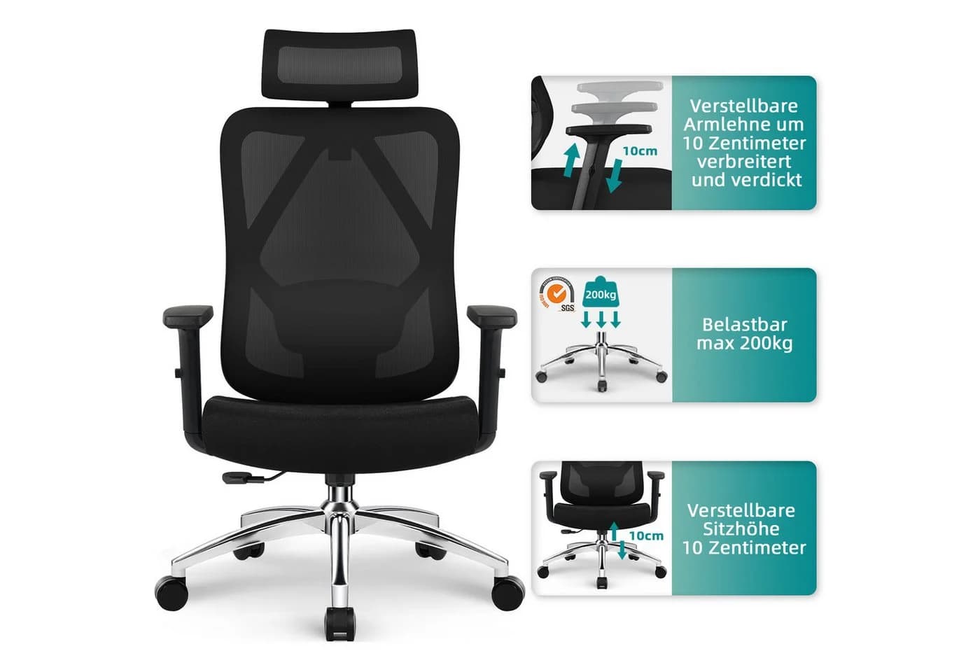 Lexzurn Ergonomischer Bürostuhl Schwarz mit Lendenstütze und Wippfunktion - Bild 5