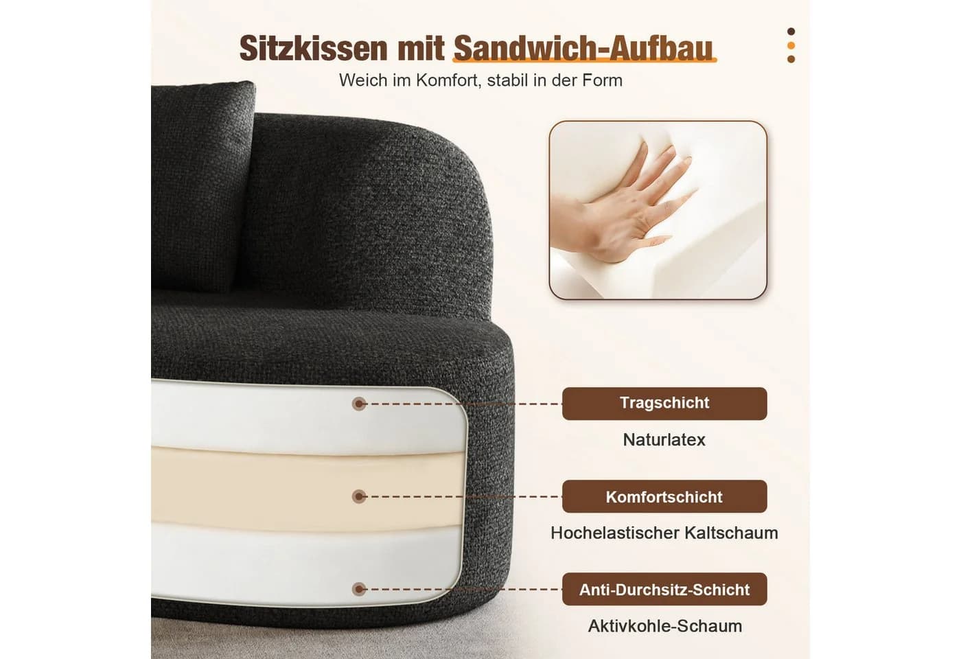 Lexzurn 3-Sitzer Schlafsofa Schwarz Chenille mit Zierkissen - Bild 5