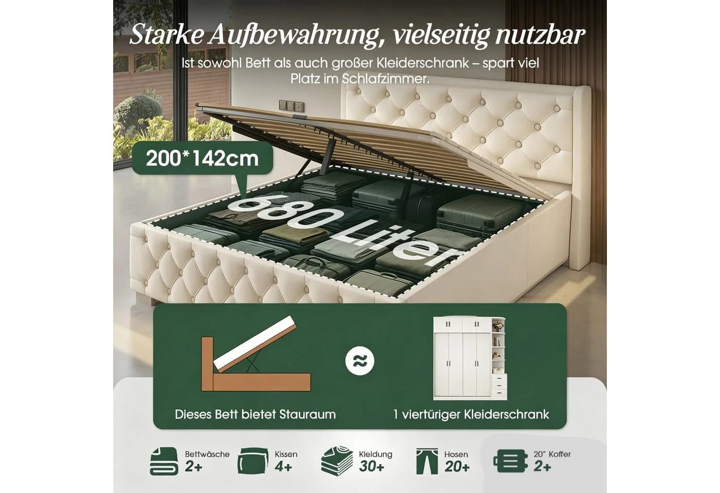 Lexzurn Polsterbett 140x200 Samt mit LED & Stauraum - Bild 3