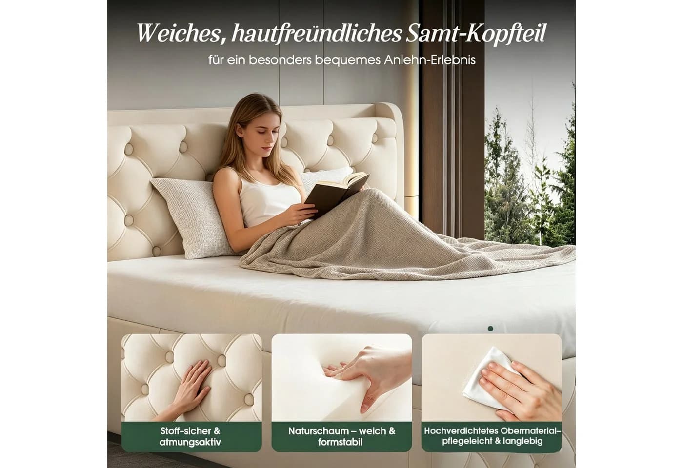 Lexzurn Polsterbett 140x200 Samt mit LED & Stauraum - Bild 4