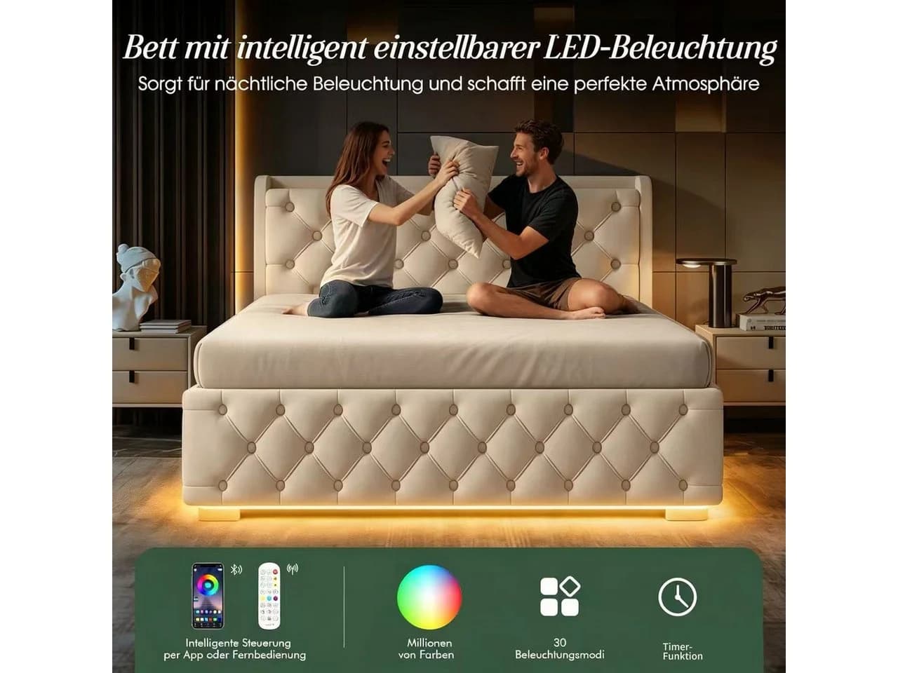 Lexzurn Polsterbett 140x200 Samt mit LED & Stauraum - Bild 5