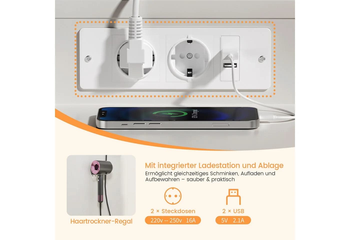Lexzurn Schminktisch mit LED-Beleuchtung, Steckdosen und USB-Ports - Bild 4
