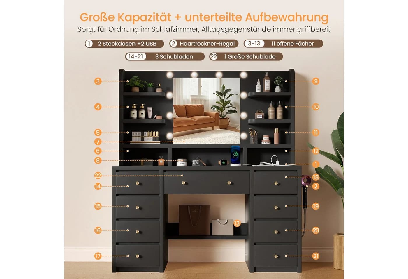 Lexzurn Schminktisch mit LED-Beleuchtung, 9 Schubladen, 11 Fächer, Schwarz - Bild 3