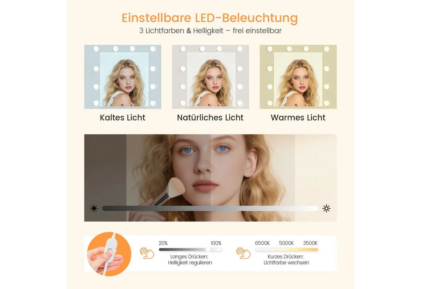 Lexzurn Schminktisch mit LED-Beleuchtung, 9 Schubladen, 11 Fächer, Schwarz - Bild 4