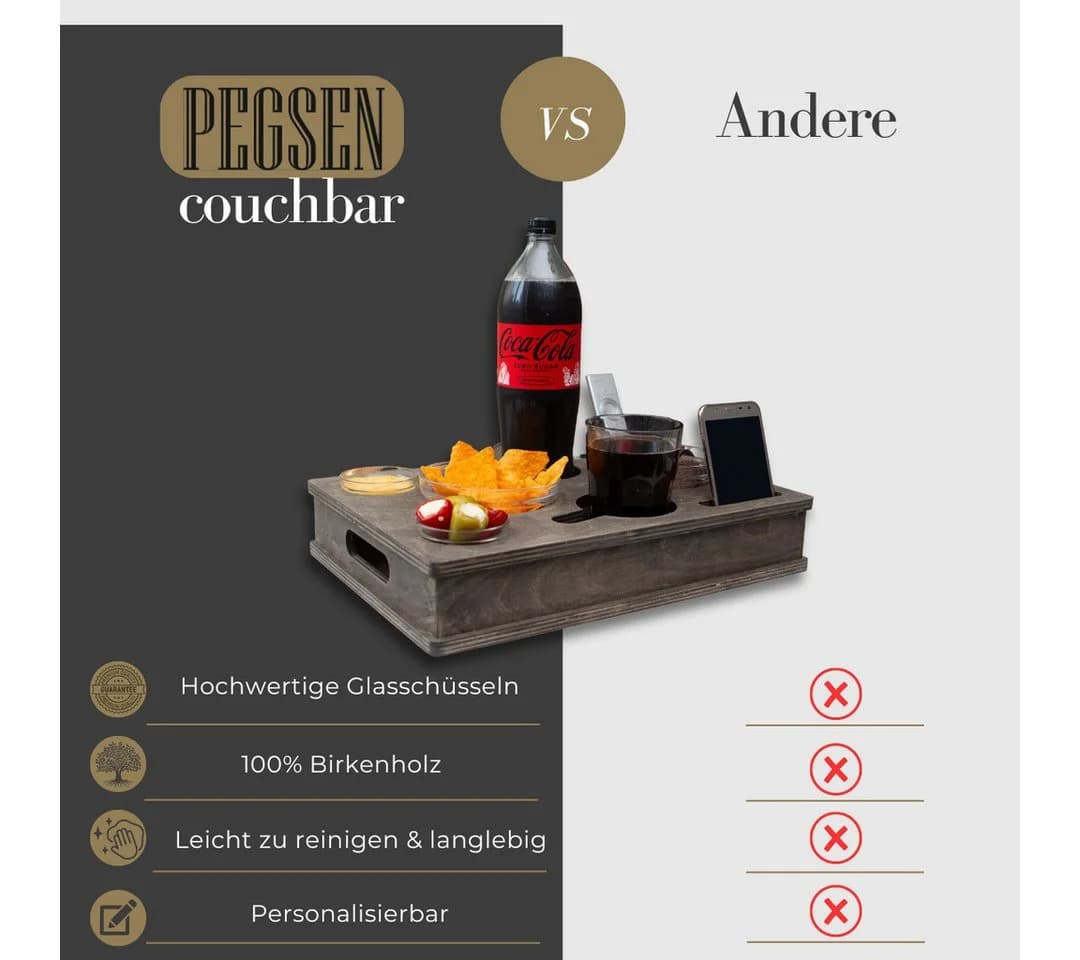 PEGSEN Couchbar Tablett Set 5-tlg. mit 4 Glasschalen & abnehmbarem Deckel - Bild 5