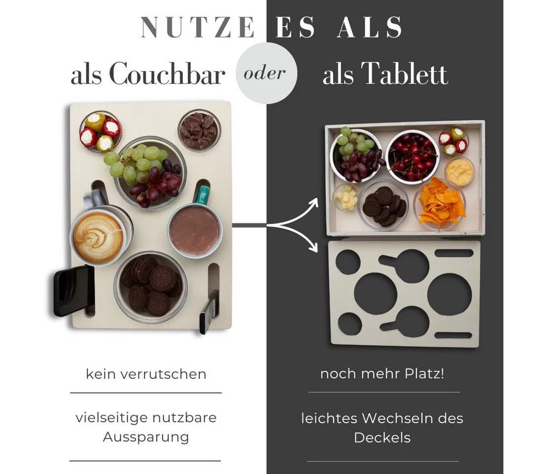 PEGSEN Couchtablett Set 5-tlg. mit 4 Glasschalen & Deckel als Tablett