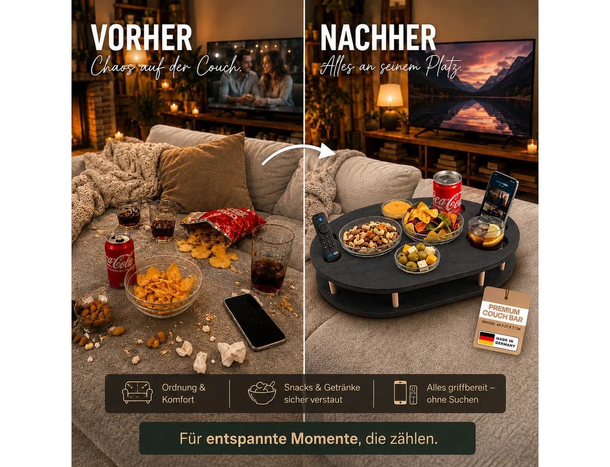 PEGSEN Couchbar Snackbox aus Birkenholz mit 4 Glasschalen