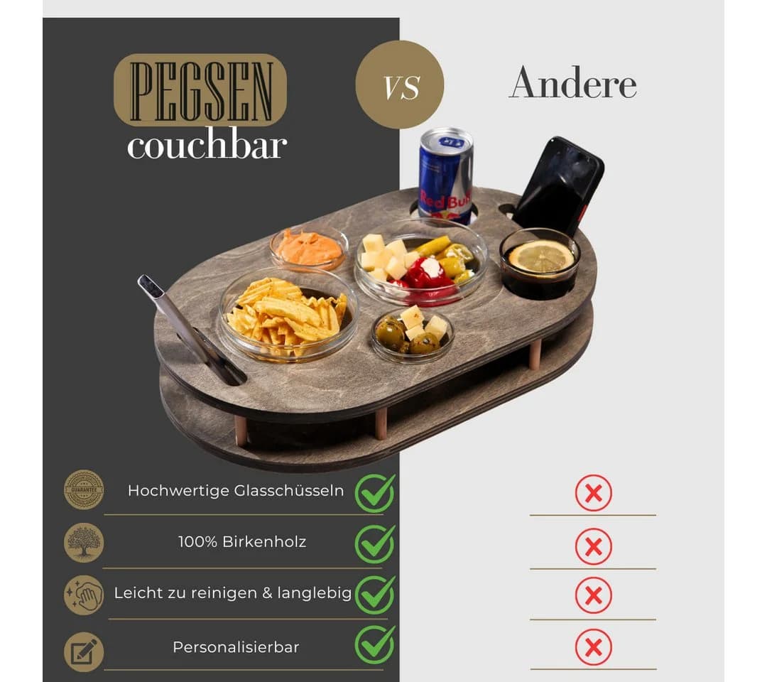 PEGSEN Couchbar Servierplatte mit 4 Glasschalen Birkenholz - Bild 4
