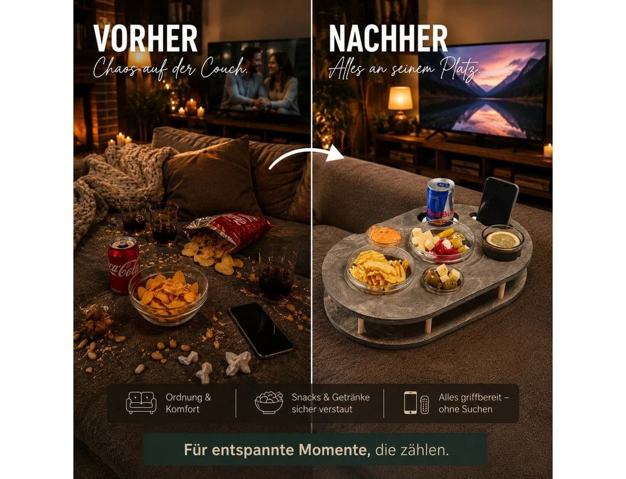 PEGSEN Couchbar Servierplatte mit 4 Glasschalen Birkenholz - Bild 5