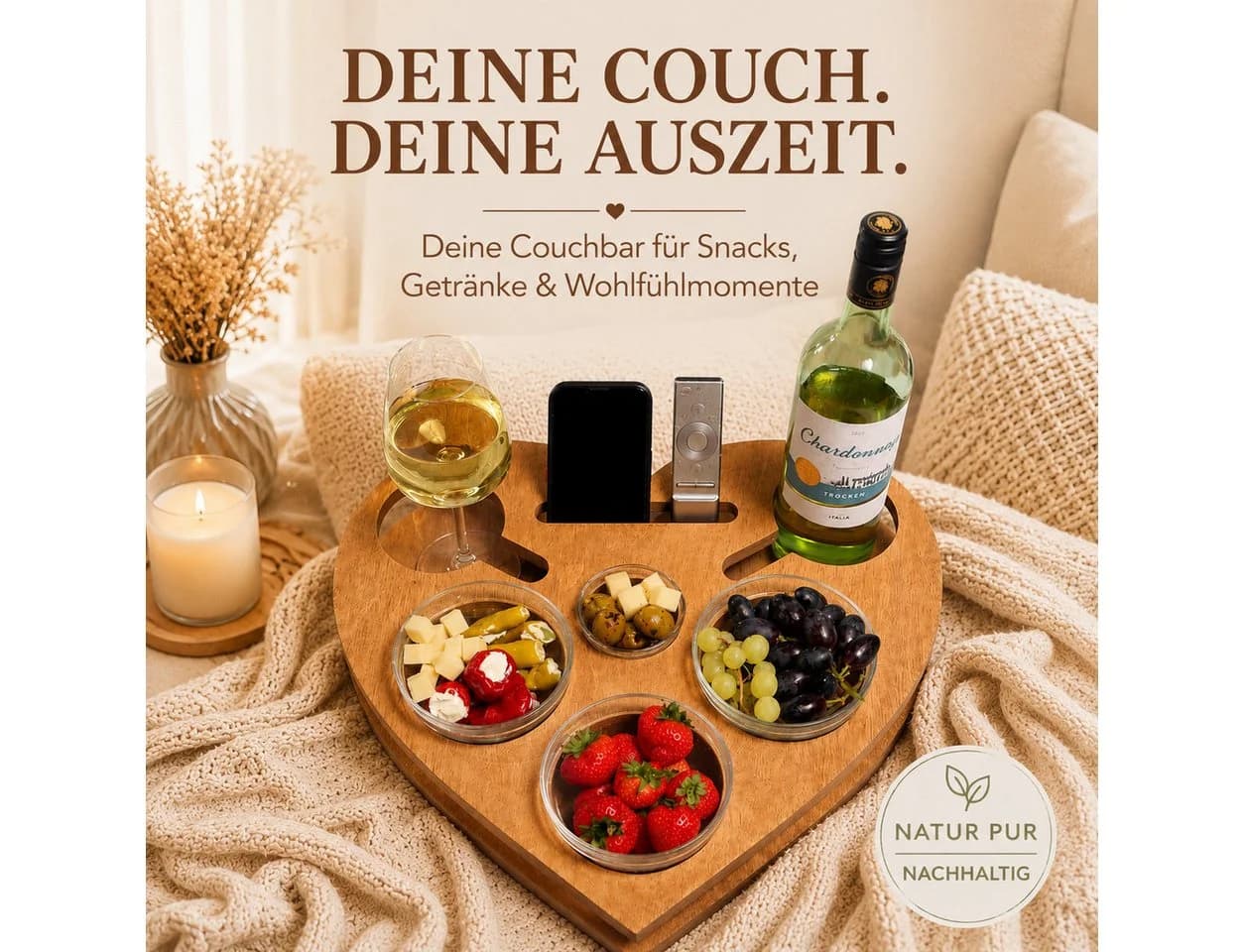 PEGSEN Servierplatte Couchbar Snackbox Herz mit 4 Glasschalen, Birkenholz