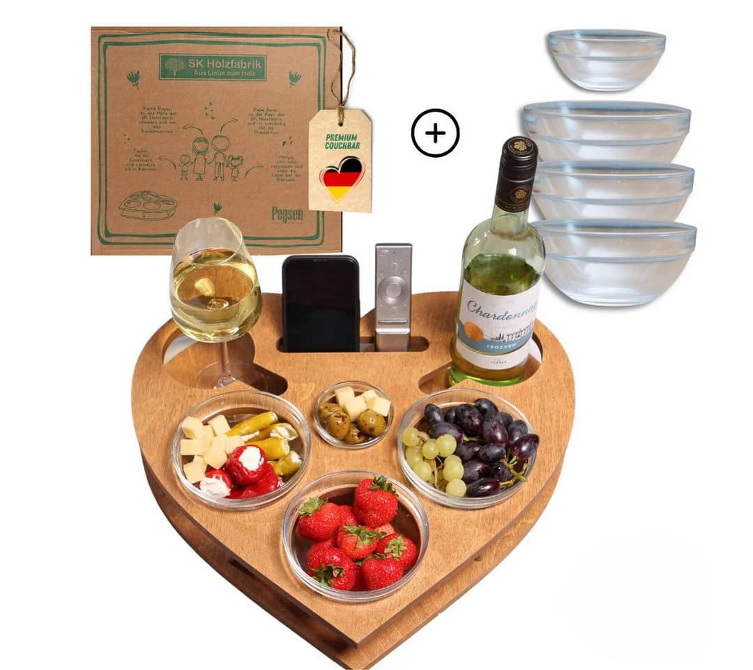 PEGSEN Servierplatte Couchbar Snackbox Herz mit 4 Glasschalen, Birkenholz - Bild 2