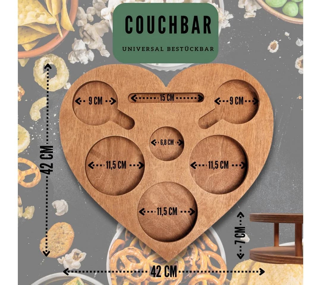 PEGSEN Servierplatte Couchbar Snackbox Herz mit 4 Glasschalen, Birkenholz - Bild 3
