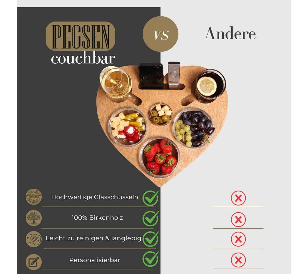 PEGSEN Servierplatte Couchbar Snackbox Herz mit 4 Glasschalen, Birkenholz - Bild 4