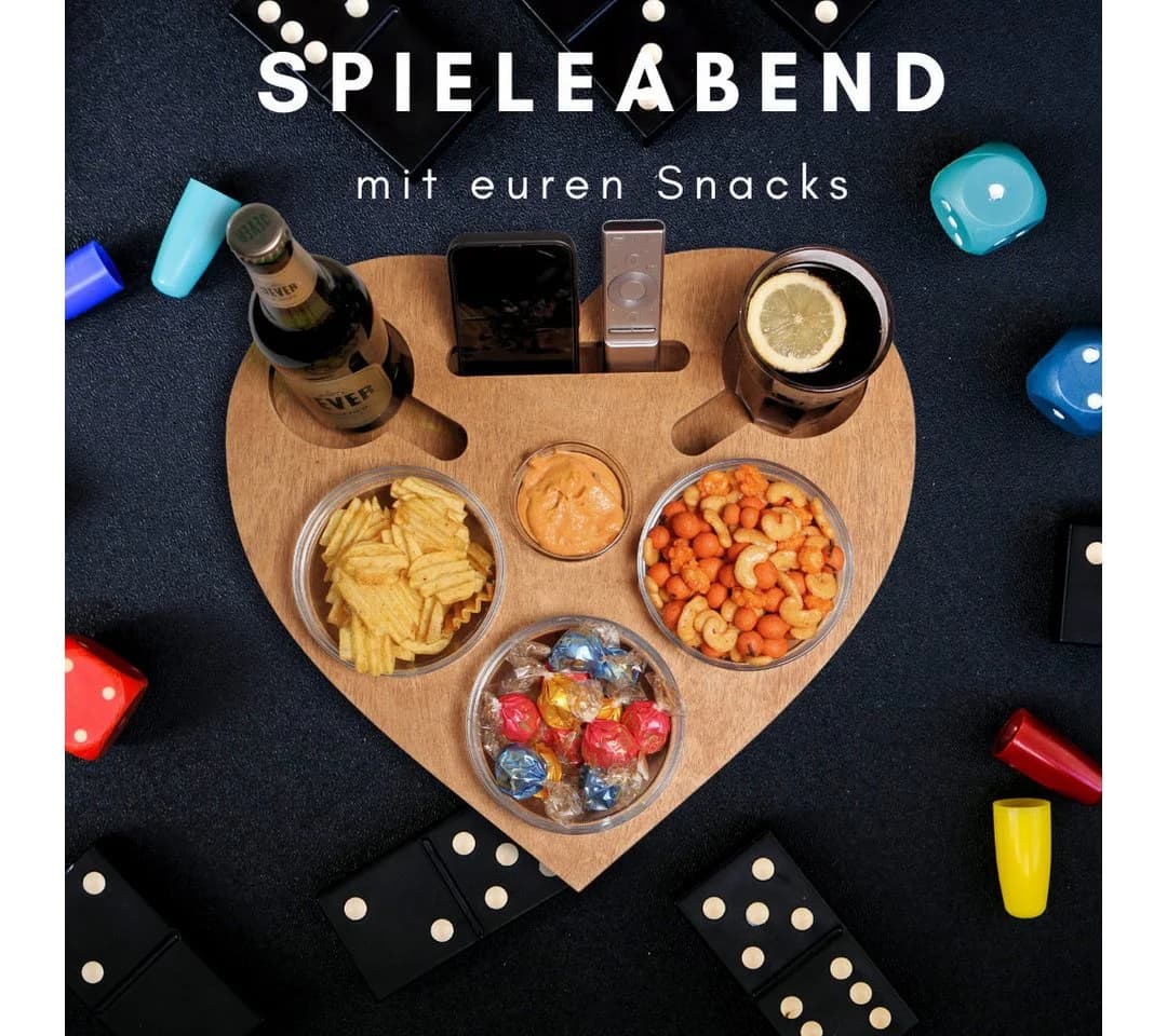 PEGSEN Servierplatte Couchbar Snackbox Herz mit 4 Glasschalen, Birkenholz - Bild 5
