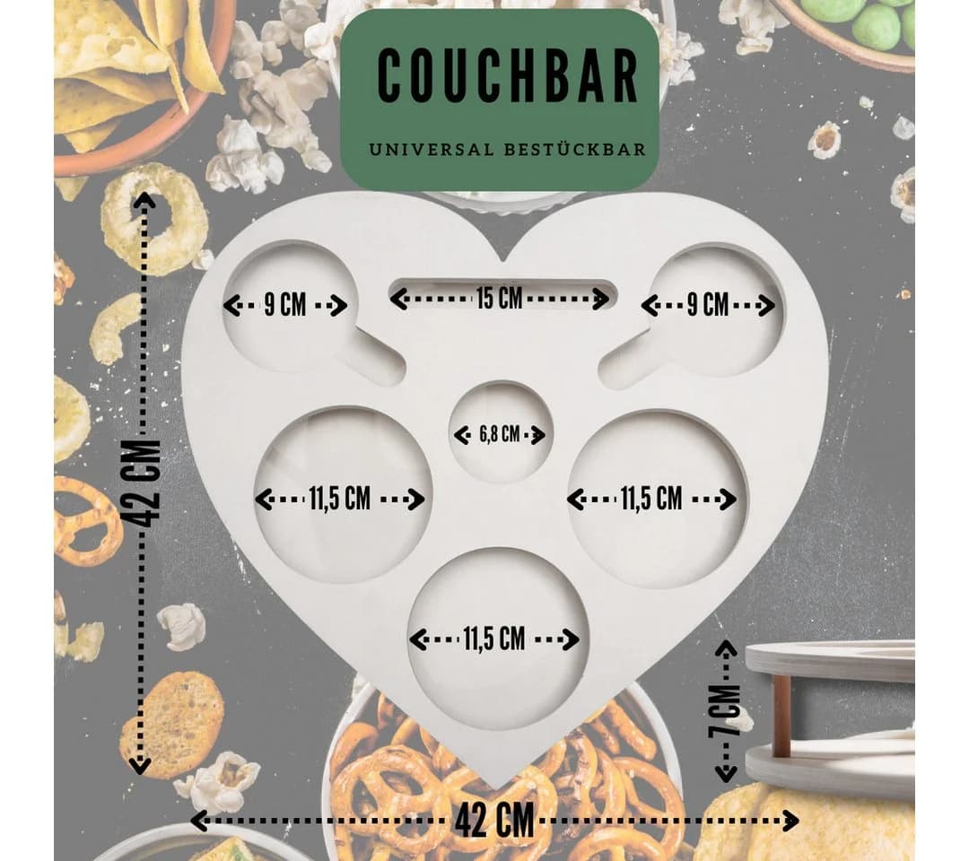 PEGSEN Servierplatte Couchbar Herz mit 4 Glasschalen Birkenholz