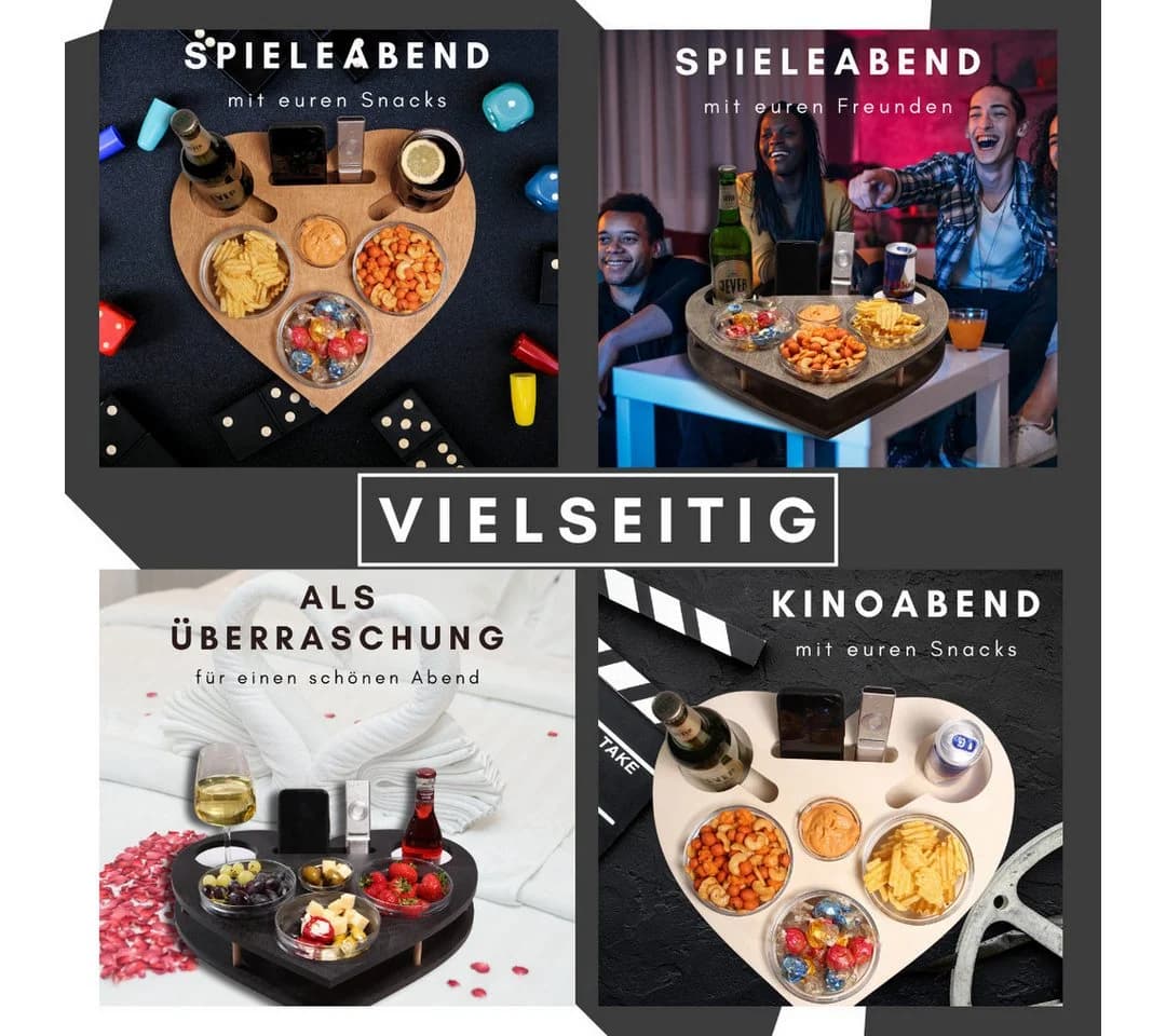 PEGSEN Servierplatte Couchbar Herz mit 4 Glasschalen Birkenholz - Bild 5