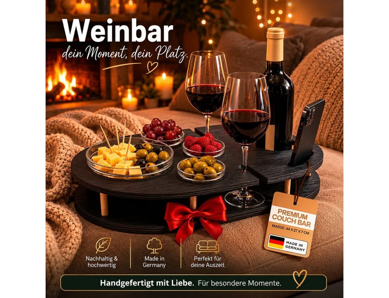 PEGSEN Weinbar Couchbar mit 4 Glasschalen & Halterungen Birkenholz - Bild 3