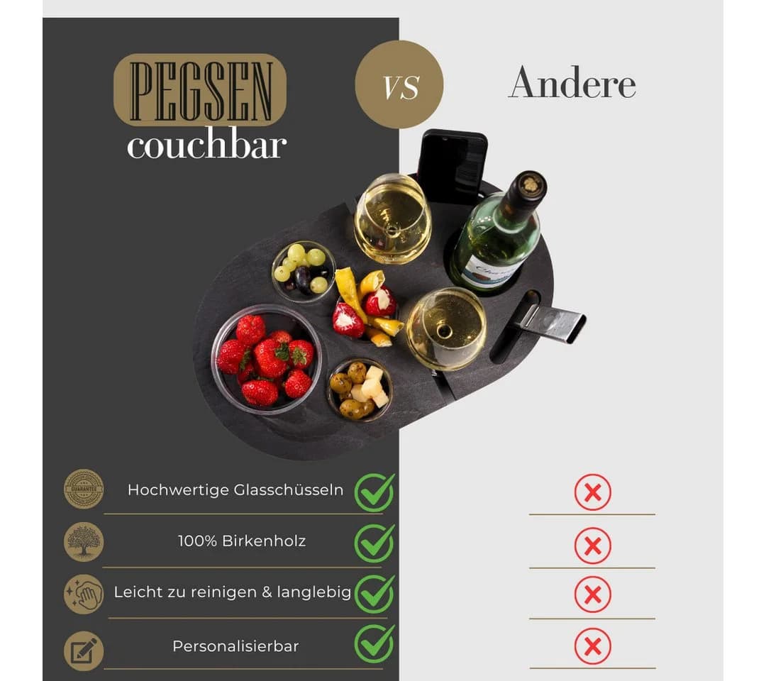 PEGSEN Weinbar Couchbar mit 4 Glasschalen & Halterungen Birkenholz - Bild 4