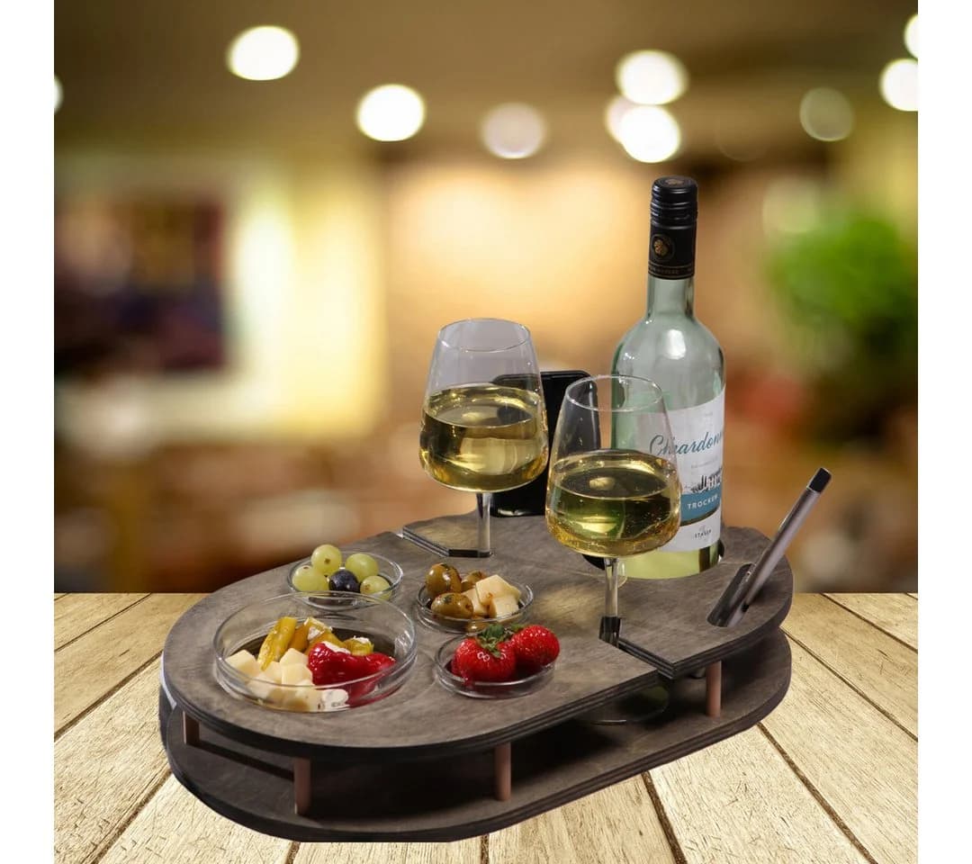 PEGSEN Weinbar Couchbar mit 4 Glasschalen & Handyhalterung Birkenholz