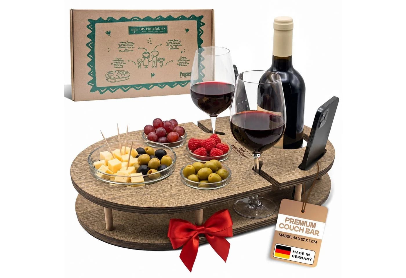 PEGSEN Weinbar Couchbar mit 4 Glasschalen & Handyhalterung Birkenholz - Bild 2
