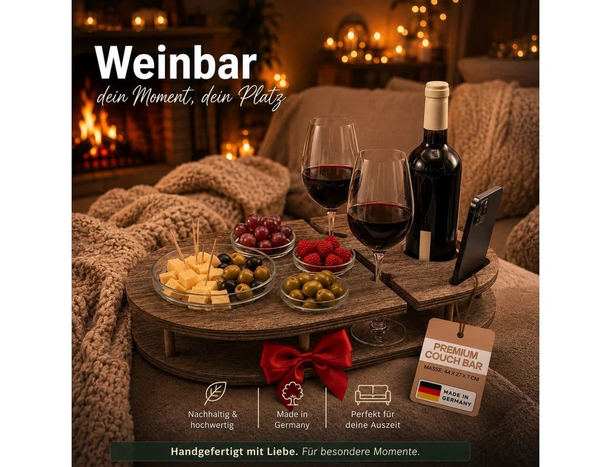PEGSEN Weinbar Couchbar mit 4 Glasschalen & Handyhalterung Birkenholz - Bild 3