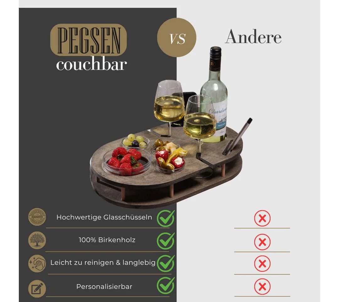 PEGSEN Weinbar Couchbar mit 4 Glasschalen & Handyhalterung Birkenholz - Bild 4