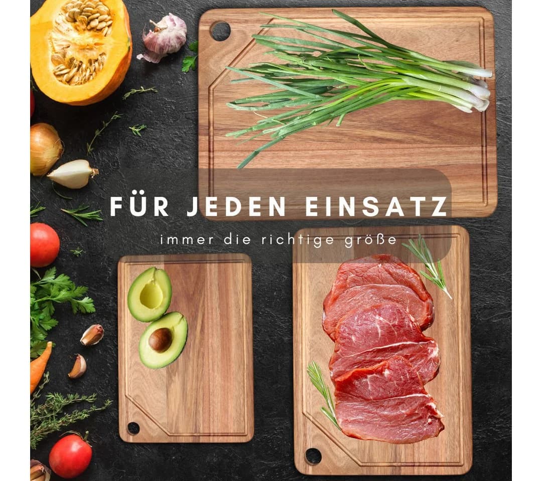 PEGSEN Schneidebrett Set 4-tlg. Akazie Holz mit Saftrille & Ständer - Bild 4